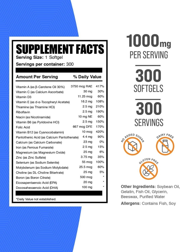 BulkSupplements.com Multivitamin Softgels - Daily Multivitamin Supplement, Multimineral for Men and Women with Fish Oil - Gluten Free, 1 Softgel per Serving (1000mg), 300 Count (Pack of 1) 3