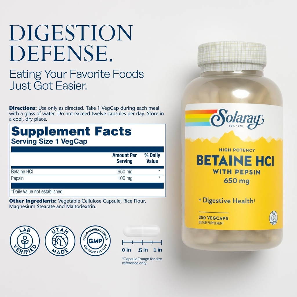 Solaray High Potency Betaine HCL with Pepsin - Hydrochloric Acid Supplement for Digestive Health - with Betaine Hydrochloride and Digestive Enzymes - Gut Health Support - 60-Day Guarantee, 250 VegCaps 3