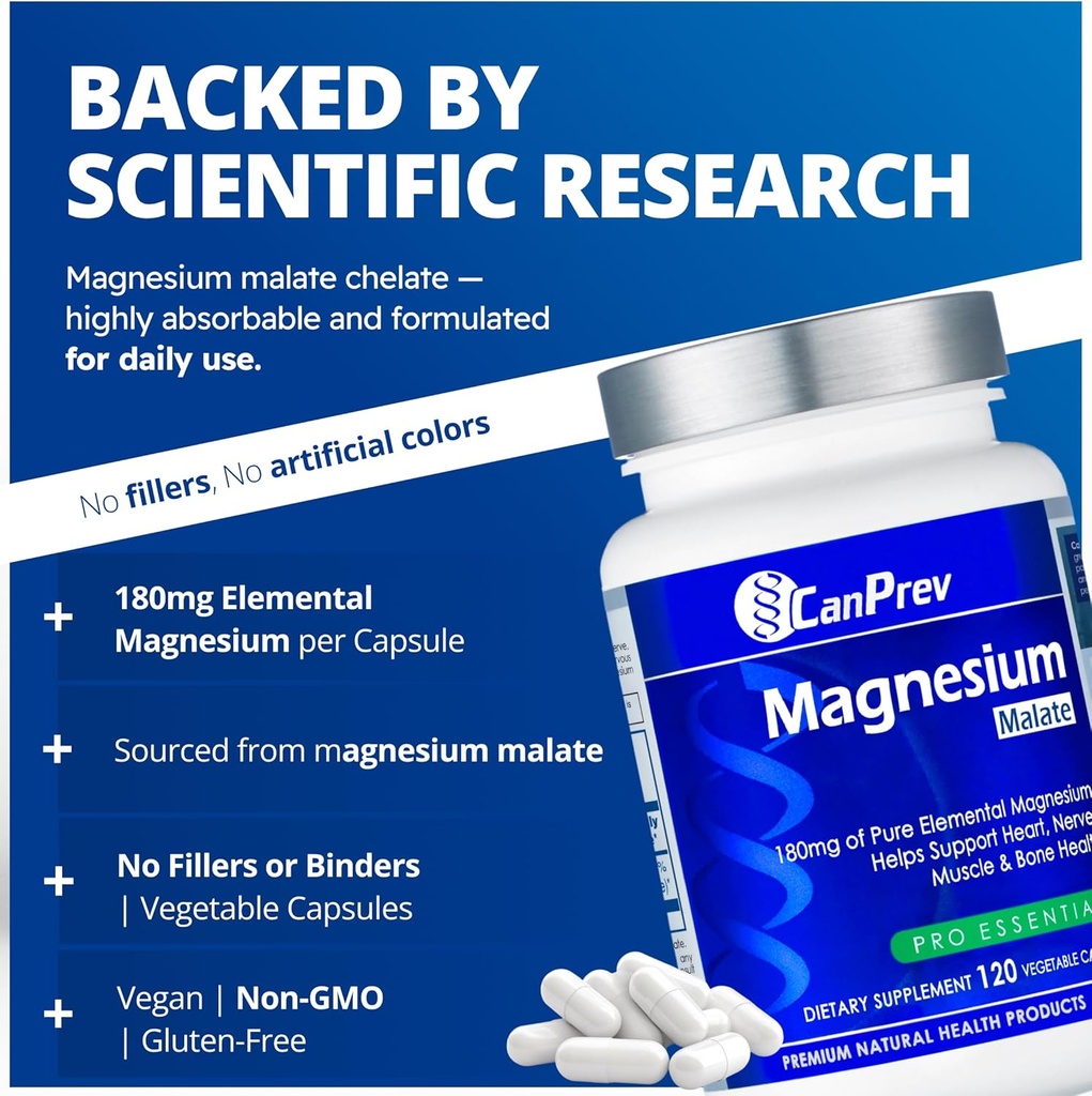 CanPrev Magnesium Malate, 120 Veg Caps, 120-Day Supply, 180mg Elemental Magnesium & 540mg Malic Acid, Vegan & Non-GMO, Supports Relaxation, Energy, Muscle Function, Bone Strength & Overall Well-Being 4