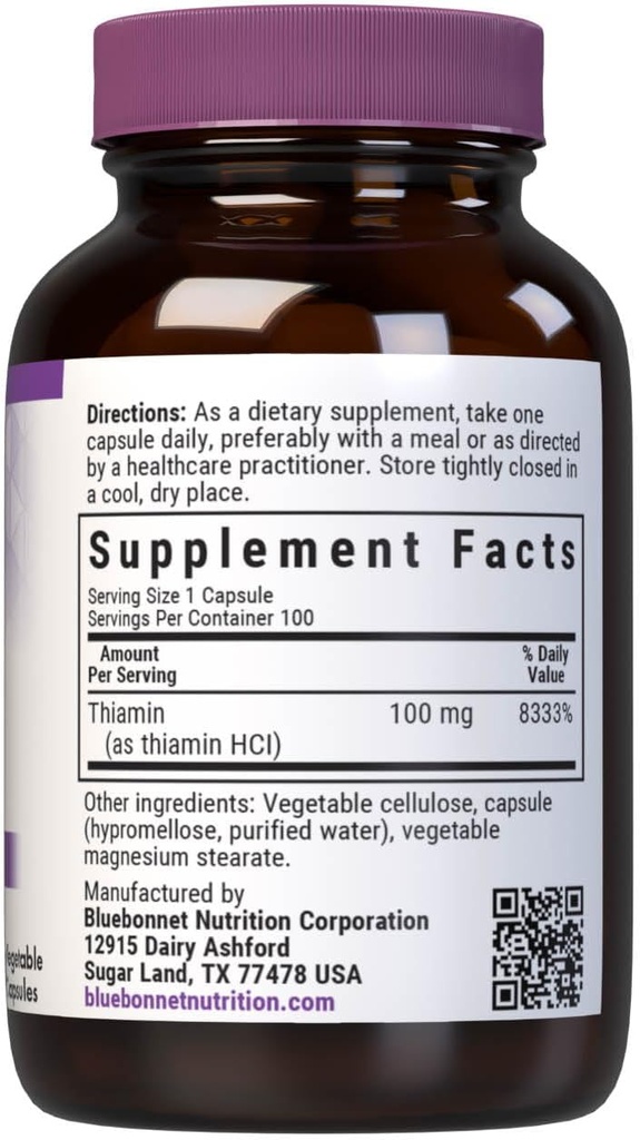 Bluebonnet Vitamin B1 100 mg - Mood Support & Energy Vitamins for Women & Men* - Thiamin HCl - Non-GMO, Vegan, Kosher, Gluten-Free - Soy & Dairy-Free - 100 Vegetable Capsules, 100 Day Supply 3