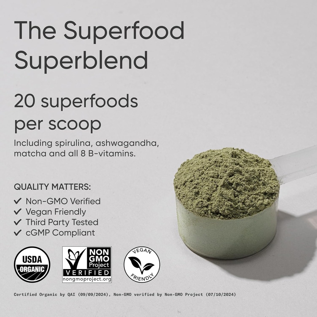 Sports Research® Organic Greens Superfood Powder w/Spirulina & Chlorella, Adaptogens, Enzymes, Probiotics & 8 VIT Bs for Gut & Mood Support* - Vegan, Sugar-Free & Low-Cal Original 20 Servings 3