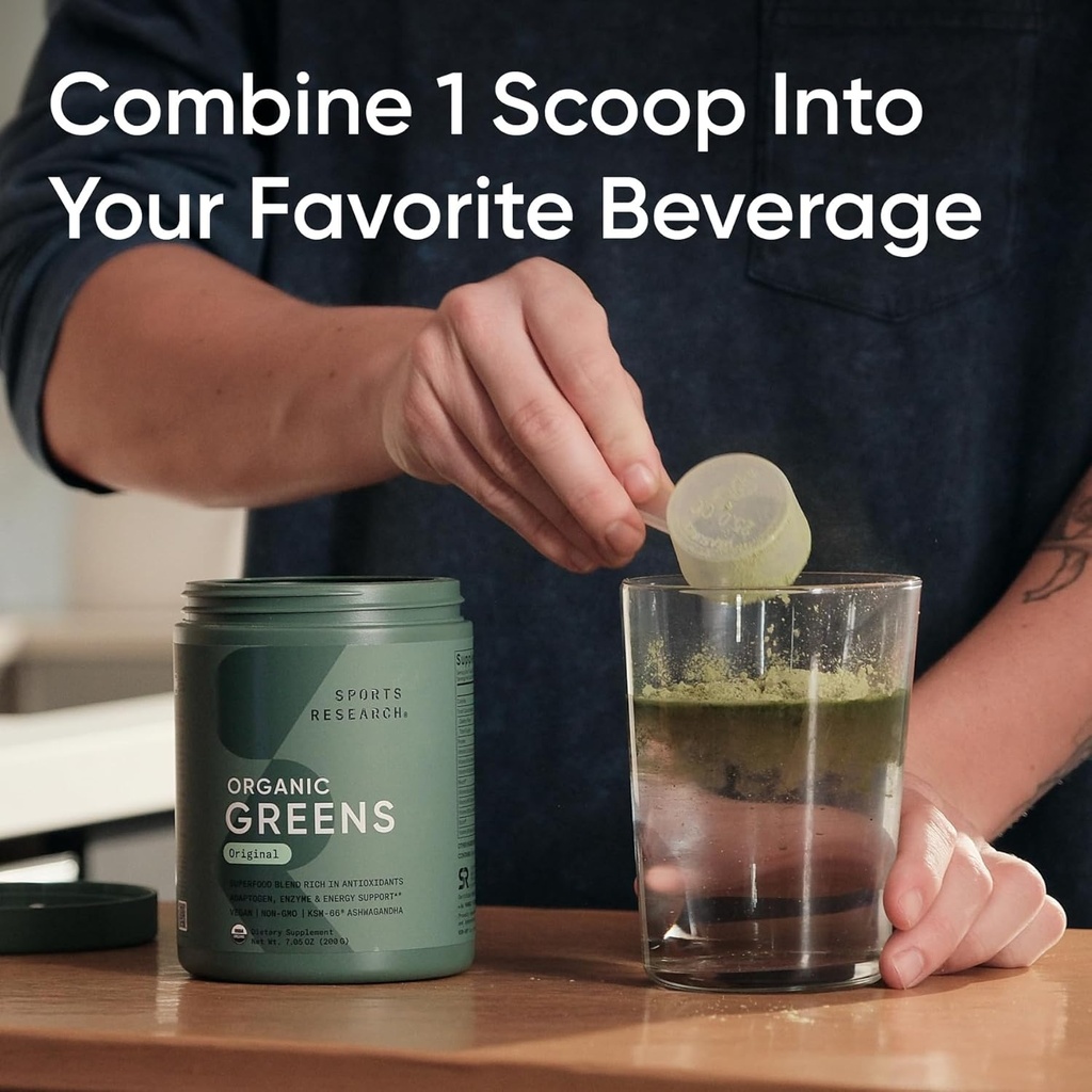 Sports Research® Organic Greens Superfood Powder w/Spirulina & Chlorella, Adaptogens, Enzymes, Probiotics & 8 VIT Bs for Gut & Mood Support* - Vegan, Sugar-Free & Low-Cal Original 20 Servings 4