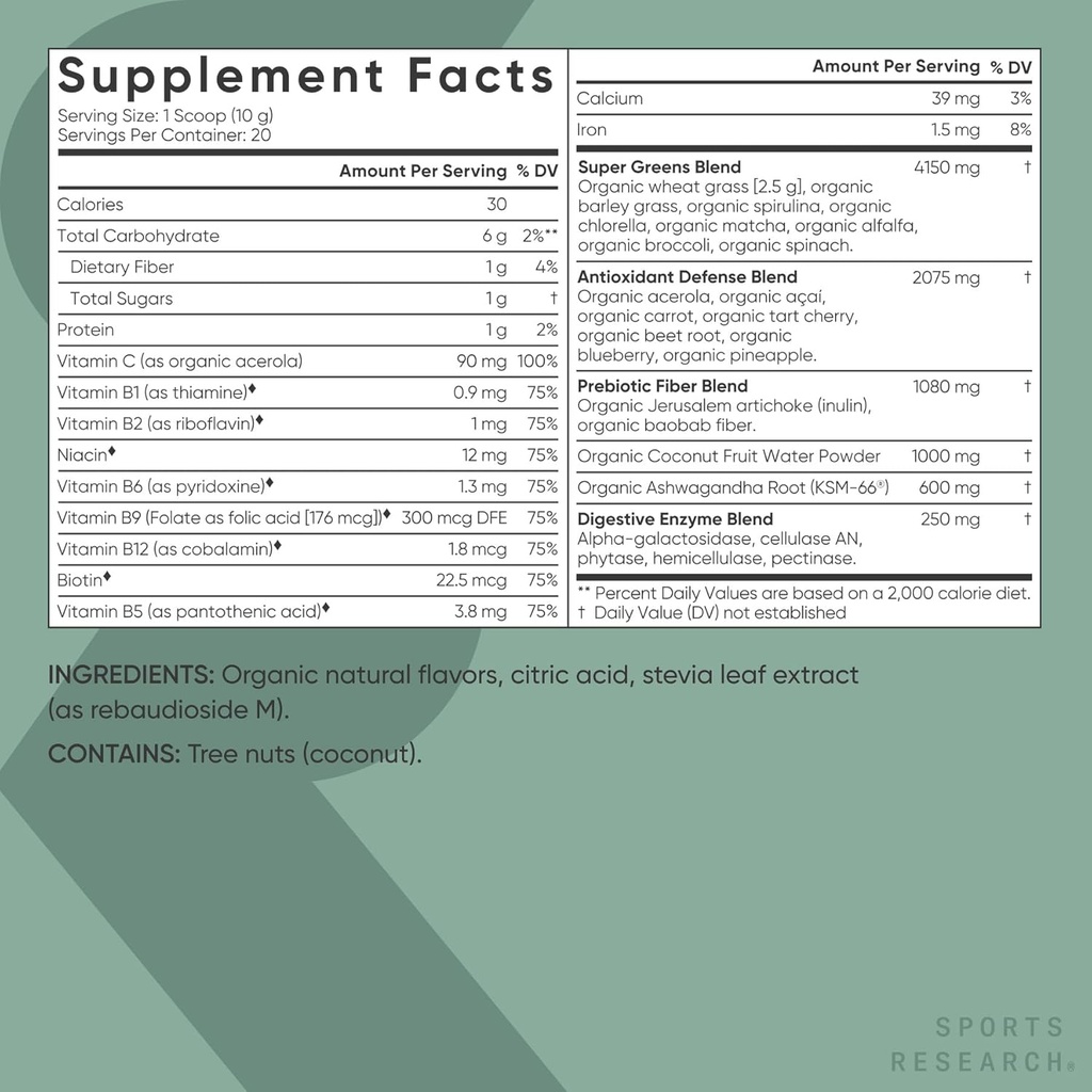 Sports Research® Organic Greens Superfood Powder w/Spirulina & Chlorella, Adaptogens, Enzymes, Probiotics & 8 VIT Bs for Gut & Mood Support* - Vegan, Sugar-Free & Low-Cal Original 20 Servings 6