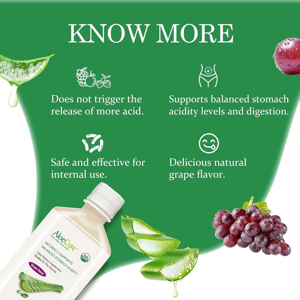 AloeCure USDA Organic Aloe Vera Juice Grape Flavor, Made Within 12 Hours of Harvest - Pure Aloe Vera Digestive & Immune Health Supplement, Helps Maintain Balanced Stomach Acidity, 16.7oz x 2 Btls 6