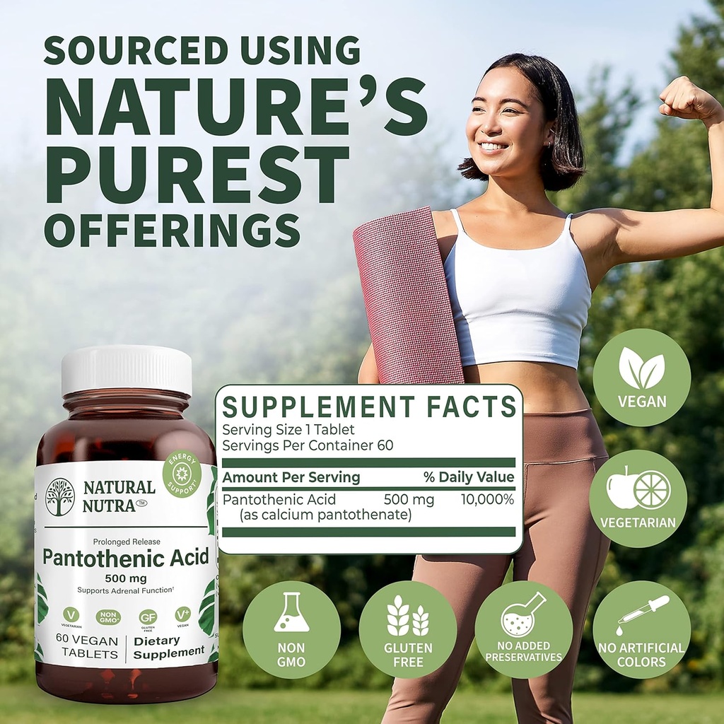 Natural Nutra Time Release Pantothenic Acid 500 mg, Vitamin B5 Supplement Helps Break Down Fat and Carbohydrates, Metabolism and Energy, Improve Muscle Health, 60 Vegetarian Tablets (2 Pack) 5