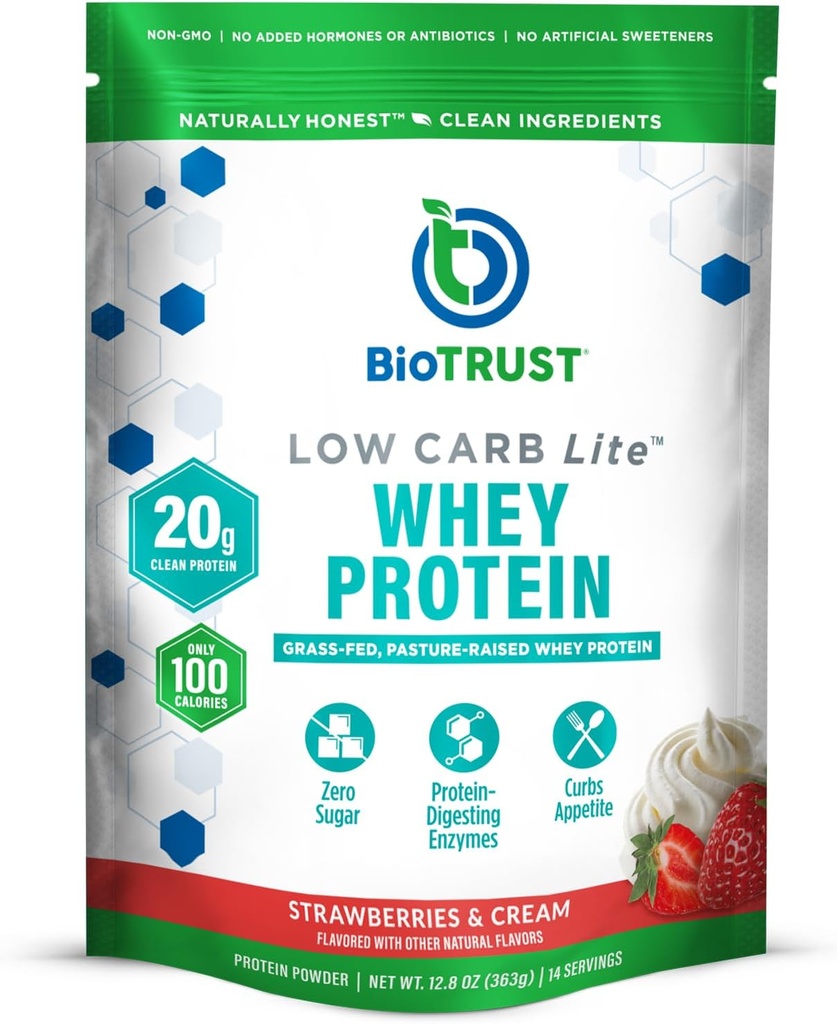 BioTrust Low Carb Lite, 20 Grams of Grass-Fed Whey Protein Isolate, 100 Calories, ProHydrolase Digestive Enzymes, Non-GMO, Free from Soy and Gluten, rBGH-Free (14 Servings) (Strawberries and Cream) 2