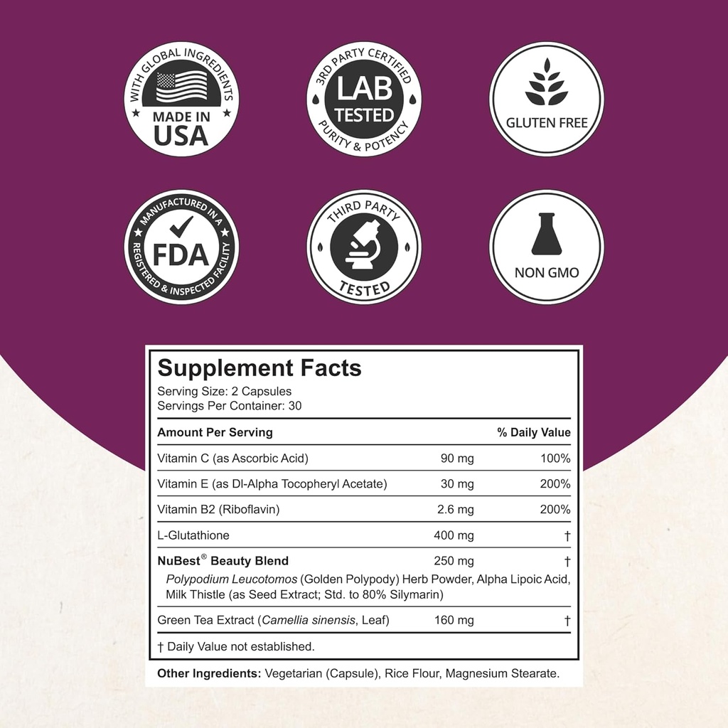 NuBest White - Glutathione 400mg & Milk Thistle Extract - Skin Brightening Supplement - Helps Beautiful and Radiant Skin - Antioxidant Supplement & Detoxification | 1 Month Supply 3