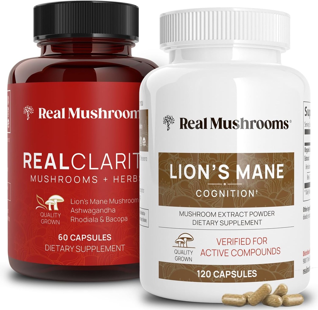 Real Mushrooms RealClarity (60ct) and Lions Mane (120ct) Capsules Bundle - Mushroom Supplement for Brain Health, Mental Clarity, Focus, Cognition & Immune Support - Brain Vitamins w/Ashwagandha 2