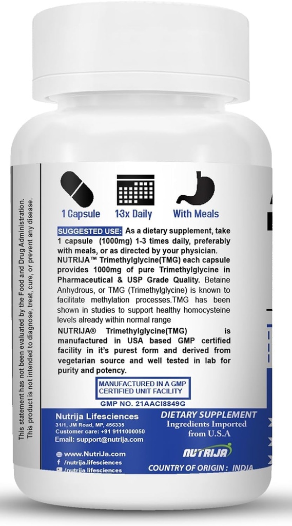NutriJa-TRIMETHYLGLYCINE (TMG) 1000MG - 60 Capsules 4