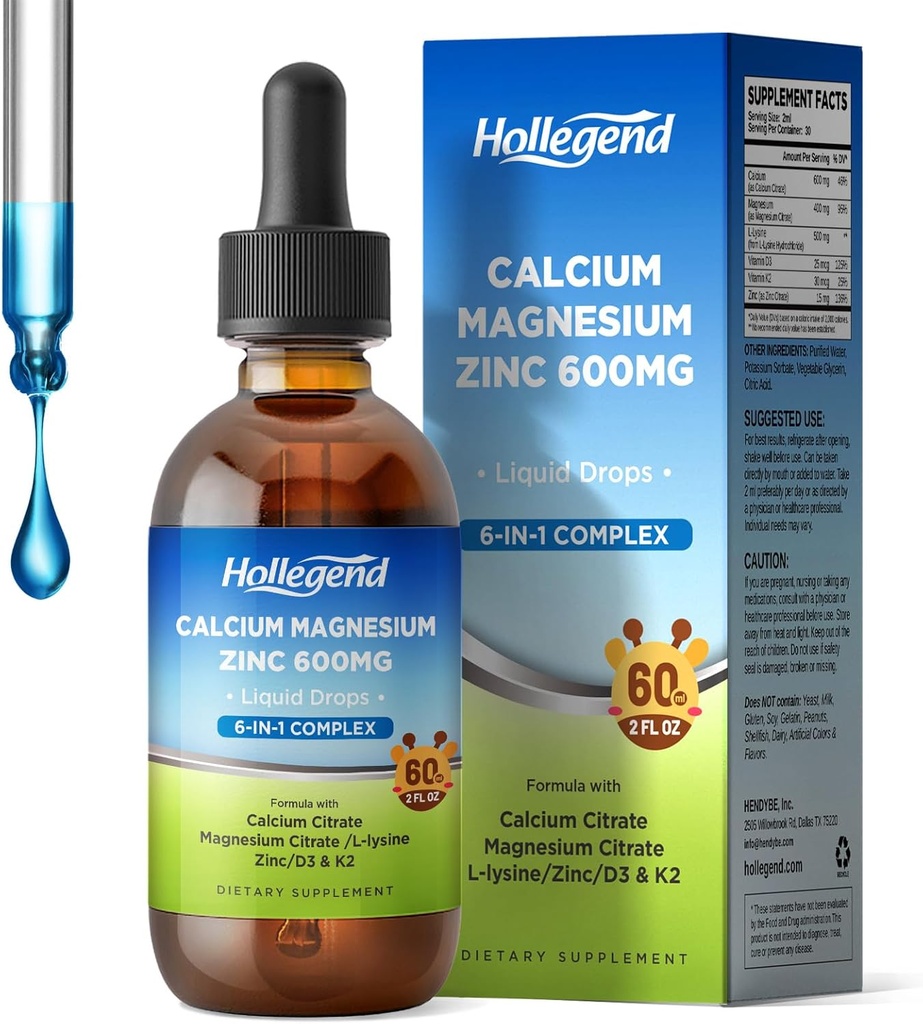 Liquid Calcium Citrate Drops with L-Lysine 500mg, Magnesium & Zinc, Calcium Citrate 600mg Supplement with Vitamin D3 & K2 for Kids & Adults, 2 Fl Oz 2