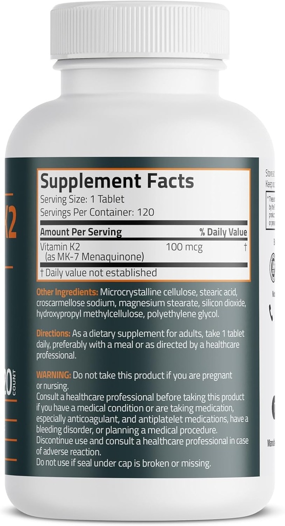 Bronson Vitamin K2 MK-7 100 MCG, K2 as MK7 Menaquinone, Bone Support Non-GMO, 120 Tablets 3