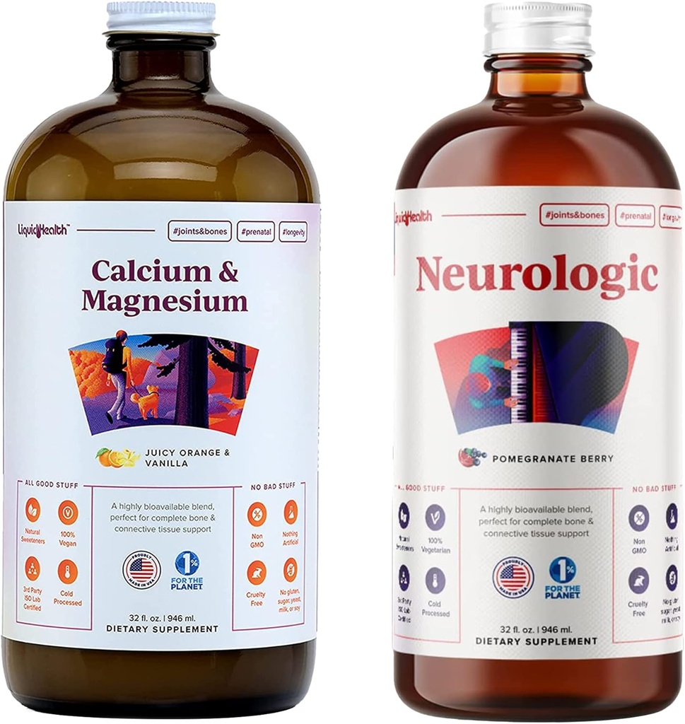 LIQUIDHEALTH Calcium and Magnesium & Neurologic Nootropic Liquid Vitamin Supplements Bundle for Adults - Support Bone & Tissue Health, Improve Memory, Focus & Concentration - Vegan, Non-GMO, USA Made 2