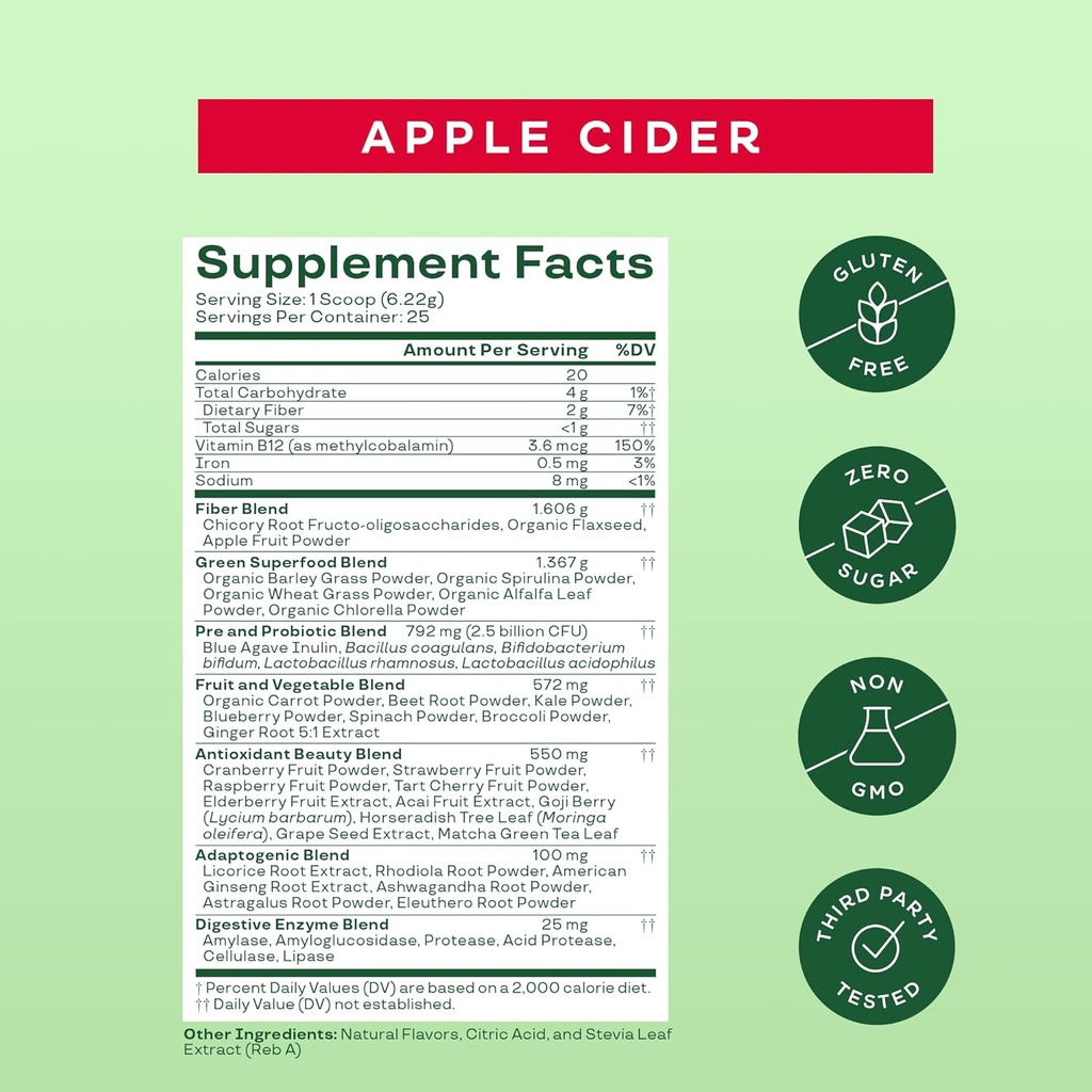 Bloom Nutrition Superfood Greens Powder, Digestive Enzymes with Probiotics and Prebiotics, Gut Health, Bloating Relief for Women, Chlorella, Green Juice Mix with Beet Root Powder, 25 SVG, Apple Cider 5