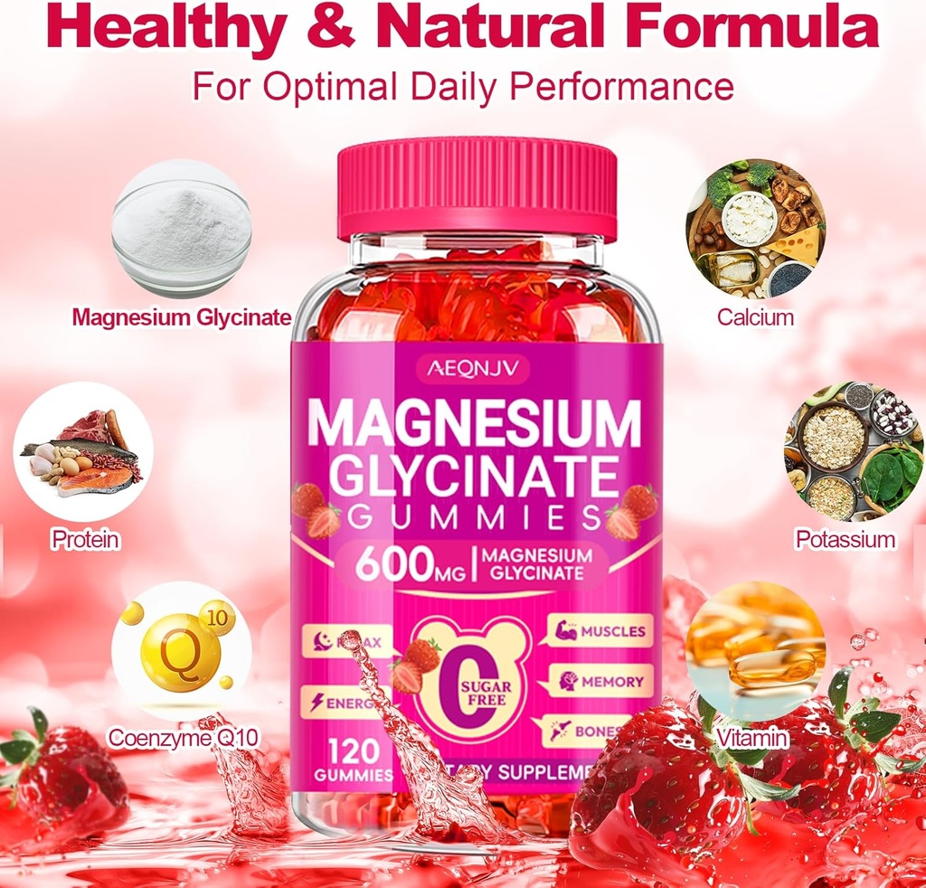 Magnesium Glycinate Gummies 600mg, Chewable Sugar Free Potassium Magnesium Gummies with Magnesium Glycinate, Vitamin D, B6 and CoQ10 for Sleep, Relaxation, Brain and Muscle, 60 Days Supply 6