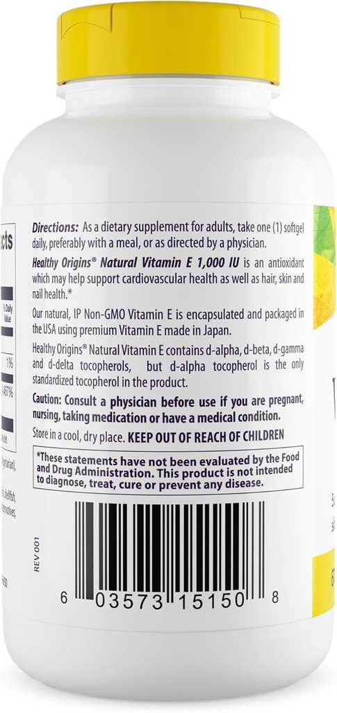 Healthy Origins Vitamin E, 1,000 IU (Natural) Mixed Tocopherols - Vitamin E Supplement - Gluten-Free & Non-GMO Skin, Hair & Nails Vitamin - 120 Softgels 3