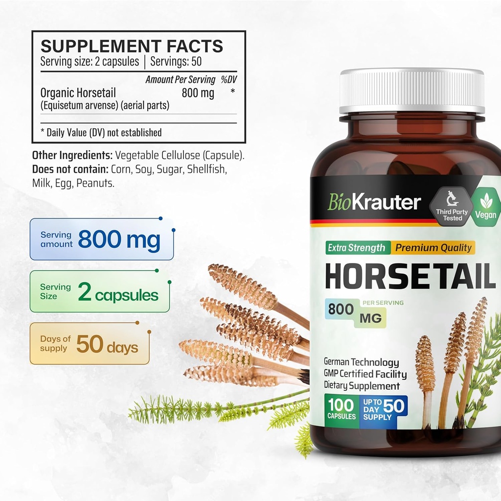 BIO KRAUTER Horsetail Herb Capsules - 800 mg Strength - 100 Count - Horsetail Powder Capsules - Hair Support 4