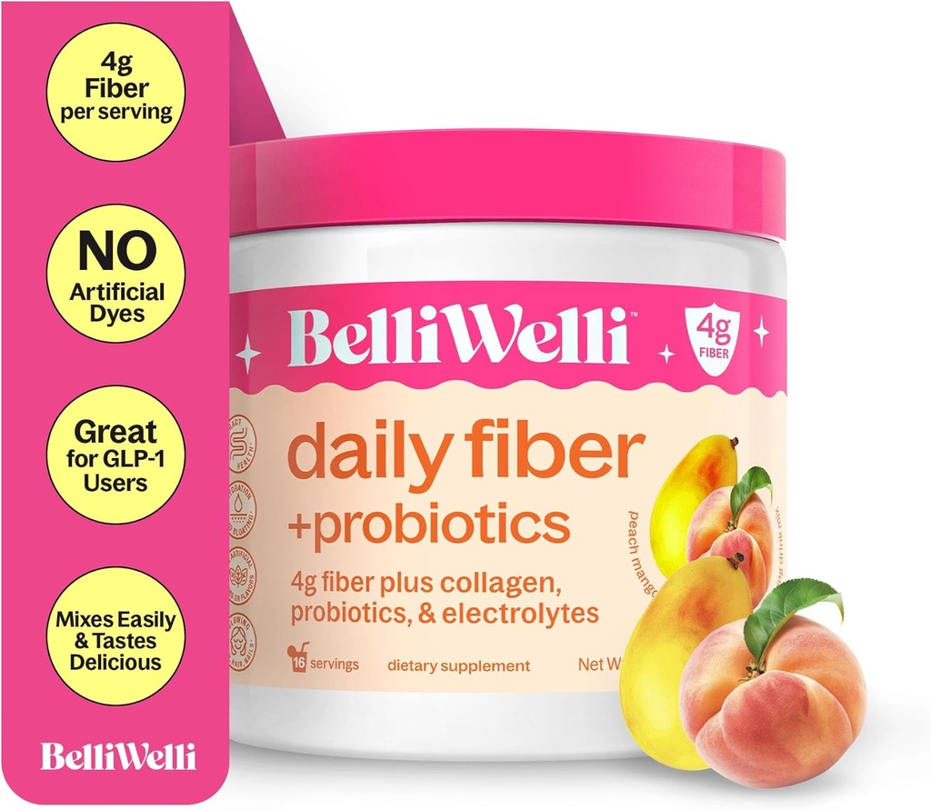 Belli Welli Daily Fiber Supplement Bundle with Collagen, Probiotics & Electrolytes – Peach Mango & Orange Yuzu Mandarin Flavors – Supports Digestion, Gut Balance & Debloating – 32 Servings Total 3