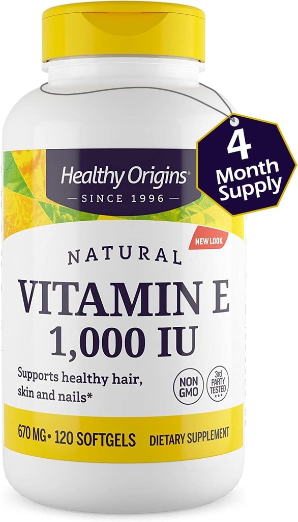 Healthy Origins Vitamin E, 1,000 IU (Natural) Mixed Tocopherols - Vitamin E Supplement - Gluten-Free & Non-GMO Skin, Hair & Nails Vitamin - 120 Softgels 5