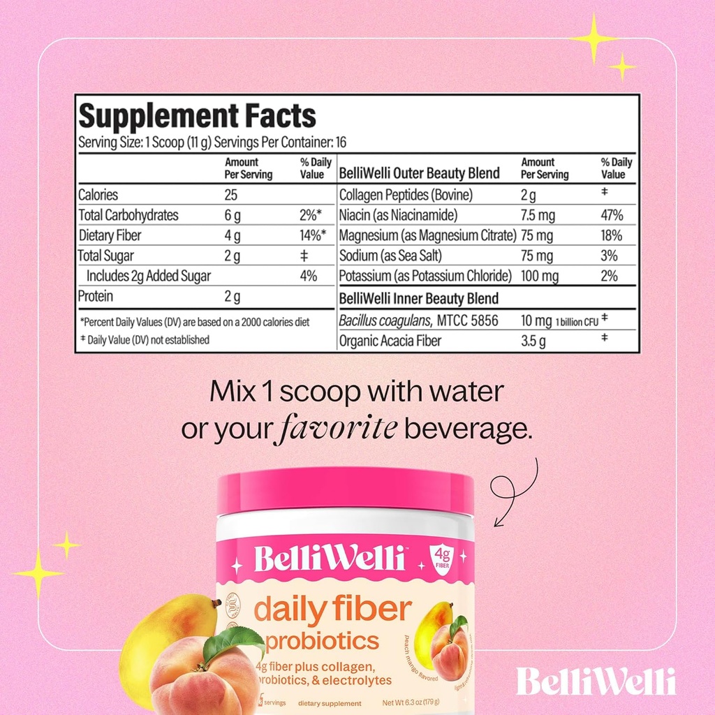Belli Welli Daily Fiber Supplement Bundle with Collagen, Probiotics & Electrolytes – Peach Mango & Orange Yuzu Mandarin Flavors – Supports Digestion, Gut Balance & Debloating – 32 Servings Total 5