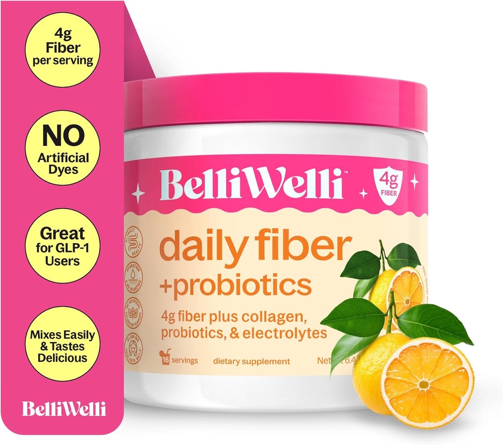 Belli Welli Daily Fiber Supplement Bundle with Collagen, Probiotics & Electrolytes – Peach Mango & Orange Yuzu Mandarin Flavors – Supports Digestion, Gut Balance & Debloating – 32 Servings Total 6