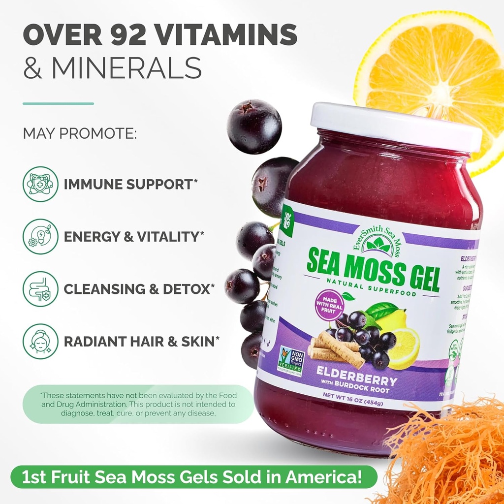Wildcrafted Irish Sea Moss Gel | Made in USA | Rich in Vitamins & Minerals | Sea Moss Gel Raw | Nutritional Supplement | Elderberry (16 oz) 4