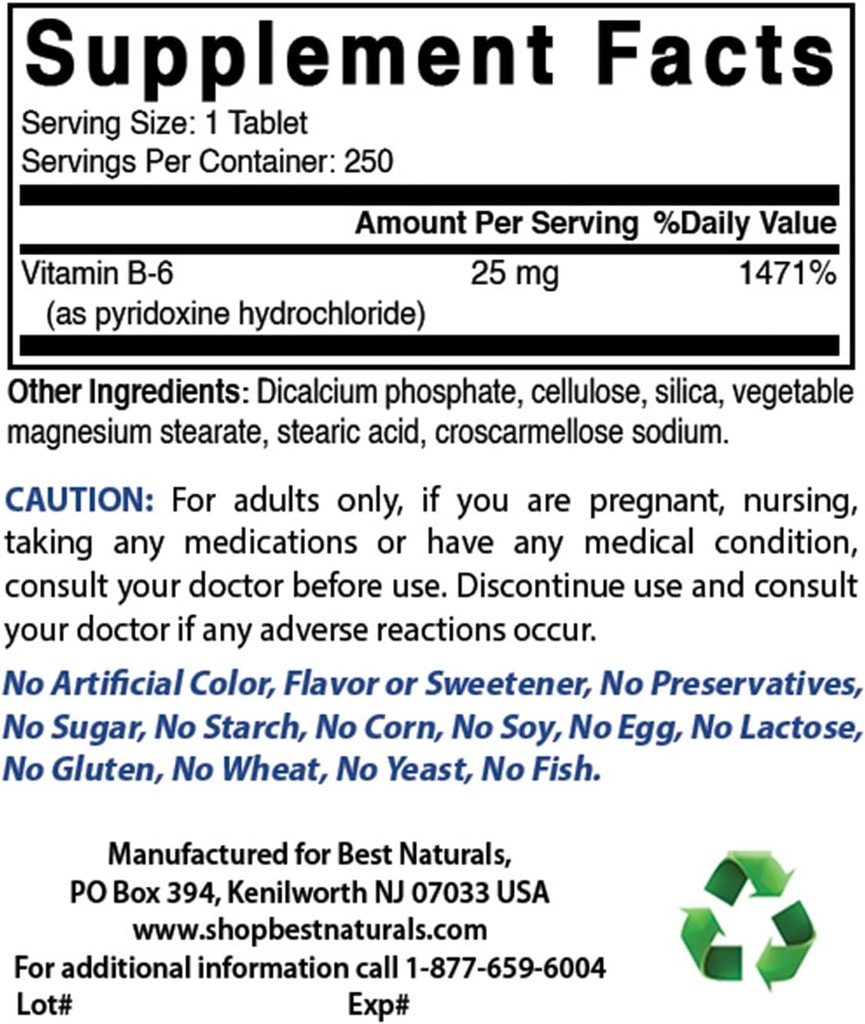 Best Naturals Vitamin B6 25mg 250 Tablets (250 Count (Pack of 3)) 3