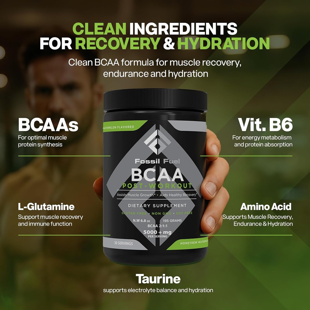 Fossil Fuel BCAA Sugar-Free Post-Workout Powder with BCAA’s, Glutamine, Vitamin B6 After Workout, Amino Acids for Muscle Recovery, Endurance and Hydration, Honeydew Watermelon (30 Servings) 2