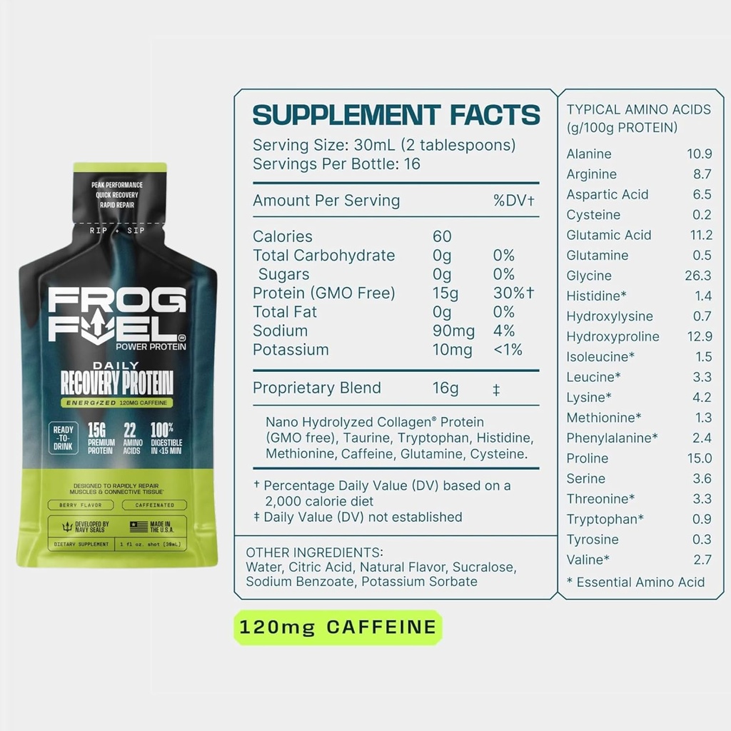 Frog Fuel Power Regular & Power Energized Complete Protein Shot Bundle, 15g Protein Nano-Hydrolyzed Grass Fed Collagen, Post Workout, Fat & Sugar Free, 22 Amino Acids, Berry, 1 oz Packets, 48 Pack 6