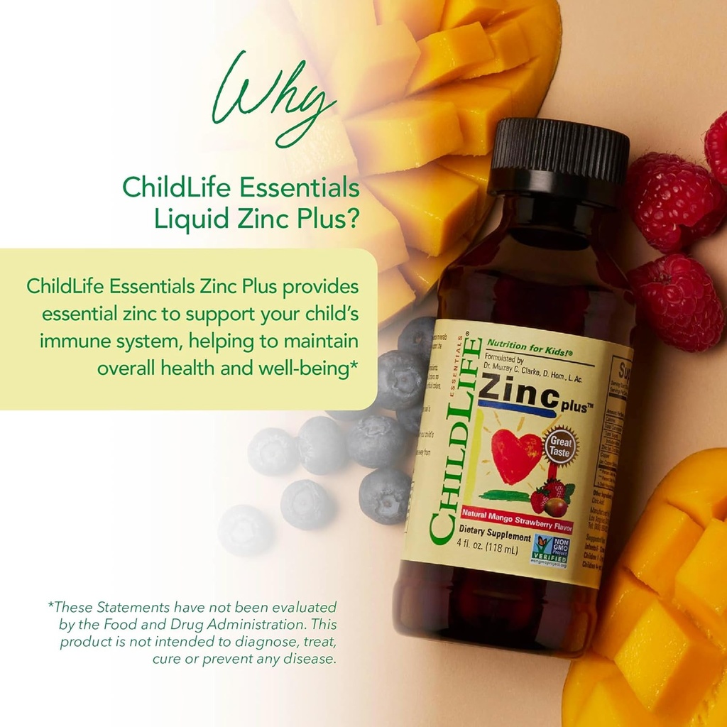 CHILDLIFE ESSENTIALS Liquid Zinc Plus for Kids & Toddler - Liquid Supplement Drops, Zinc Gluconate & Copper for Immune Support - Mango Strawberry, 4 Fl Oz (Pack of 3) 4