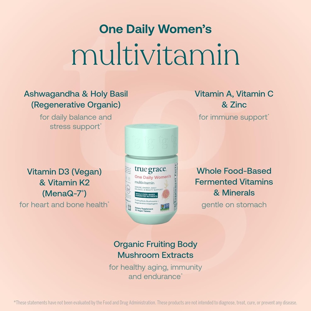 True Grace One Daily Women’s Multivitamin (30 Vegan Tablets) & One Daily Women’s Probiotic (30 Vegetarian Capsules) - Gluten Free, Soy Free, Organic - 30-Day Supply of Each 4