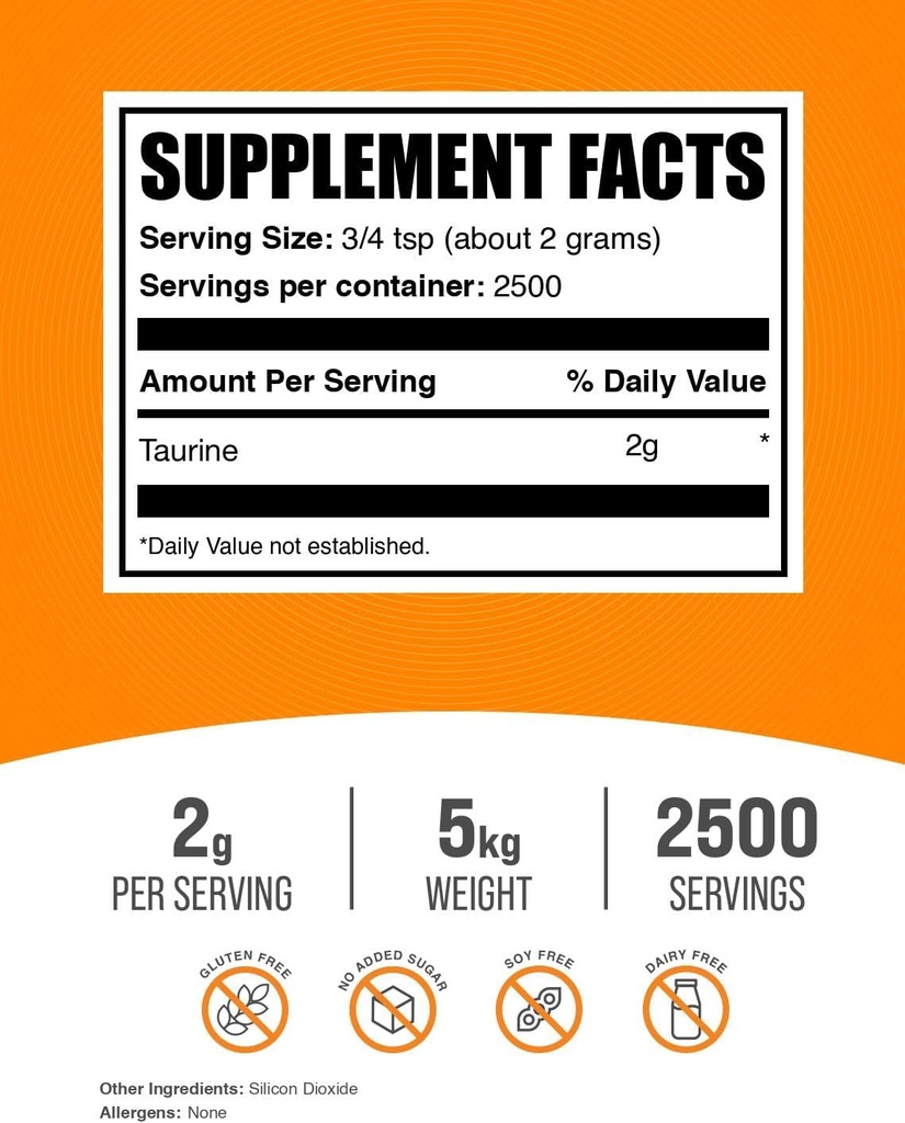 BulkSupplements.com Taurine Powder - Taurine Supplement, Amino Acid Supplement for Energy - Unflavored & Gluten Free, 2g per Serving, 1kg (Pack of 5) (11 lbs) 3