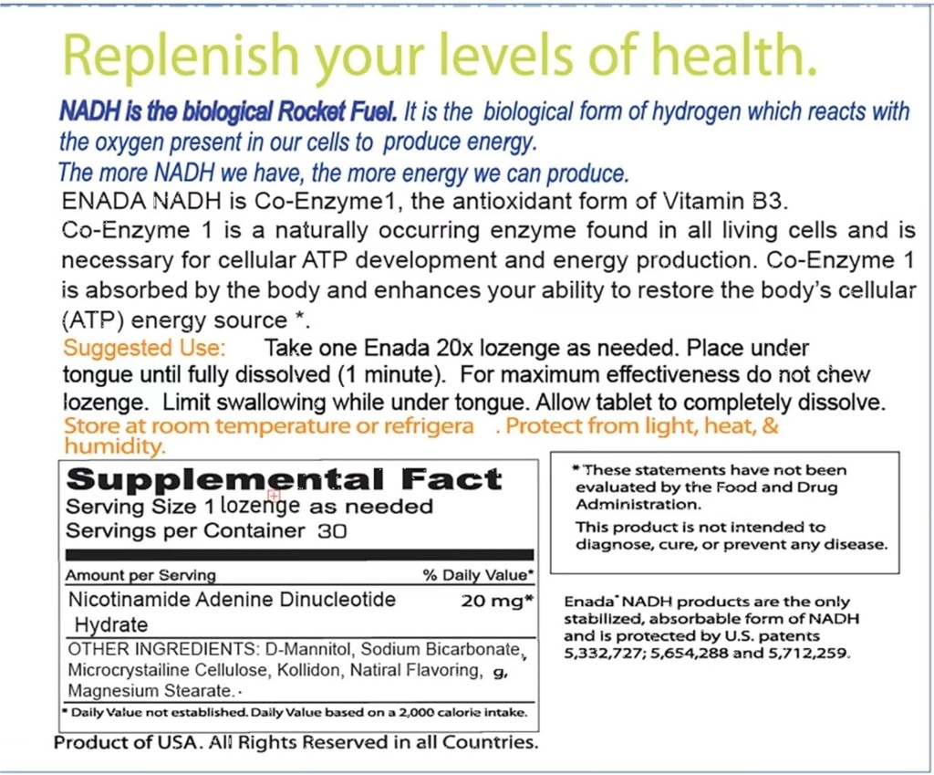 ENADA 20 x NADH Supplement | Boost Energy, Mental Focus, Stamina | Support Fatigue, Cell Regenerator | 20mg NADH 30 Lozenges (1 per serving) | Natural Energy Supplements for Women and Men 3