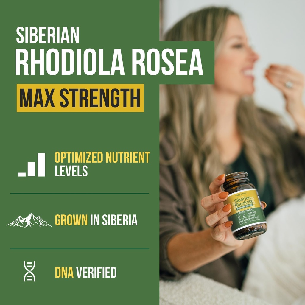 Max Strength Siberian Rhodiola®: Rhodiola Rosea 5% Rosavins, 2% Salidroside & BioPerine® for Enhanced Absorption – Helps Support Stress, Energy & Focus* – Grown in Siberia, DNA Verified (60 Capsules) 3