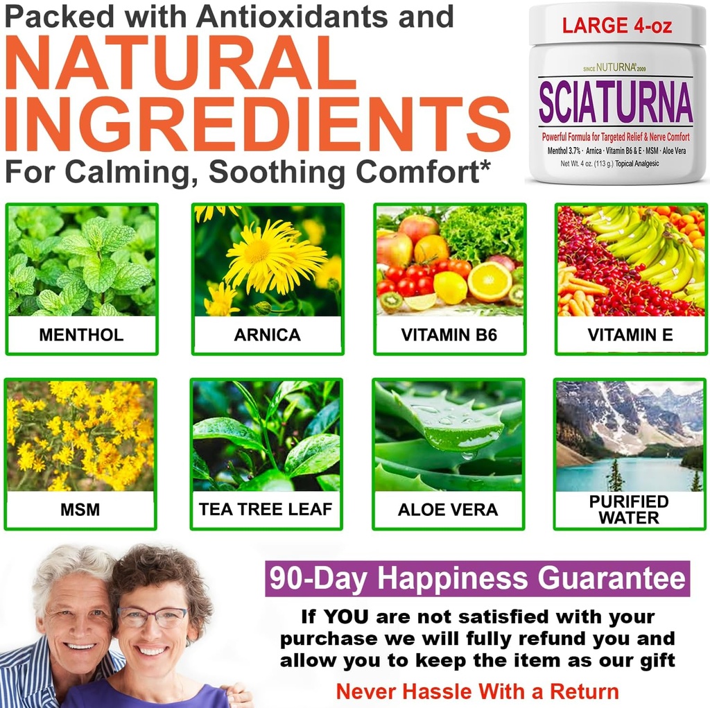 Sciatica Nerve Cream - Maximum Strength Comfort Cream for Feet, Hands, Legs, Toes, Back - Natural Ultra Strength Arnica, MSM, Menthol, Soothing Comfort, Large 4 Oz 5
