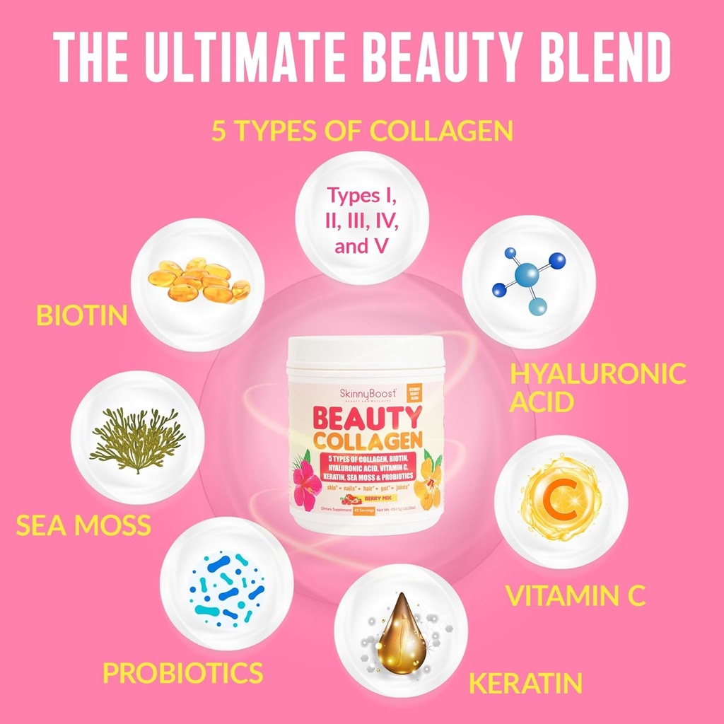 Beauty Collagen Powder-5 Types of Hydrolyzed Collagen, Sea Moss, Biotin, Keratin, Hyaluronic Acid, Vitamin C and Probiotics–Hair, Skin, Nails- All Natural, Made in USA-45 Servings- Mixed Berry 5