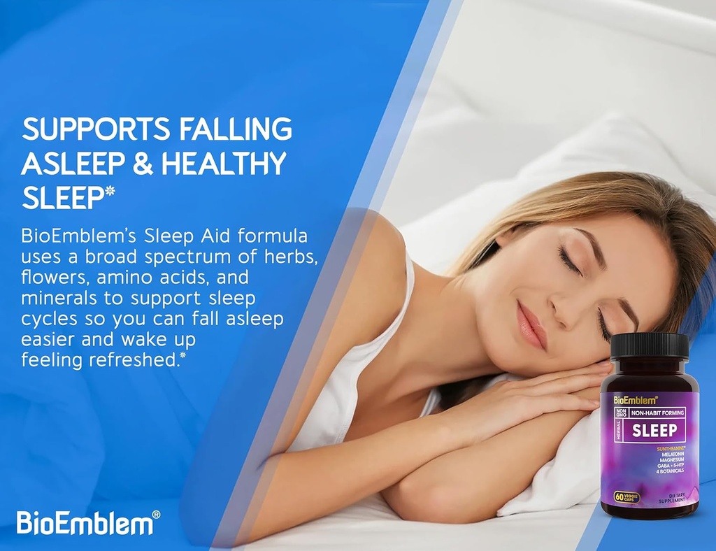 BioEmblem Natural Sleep Aid for Adults with Melatonin, Valerian Root, Suntheanine & More | Healthy Sleep Supplement | Herbal Sleeping Pills | 60 Capsules 5