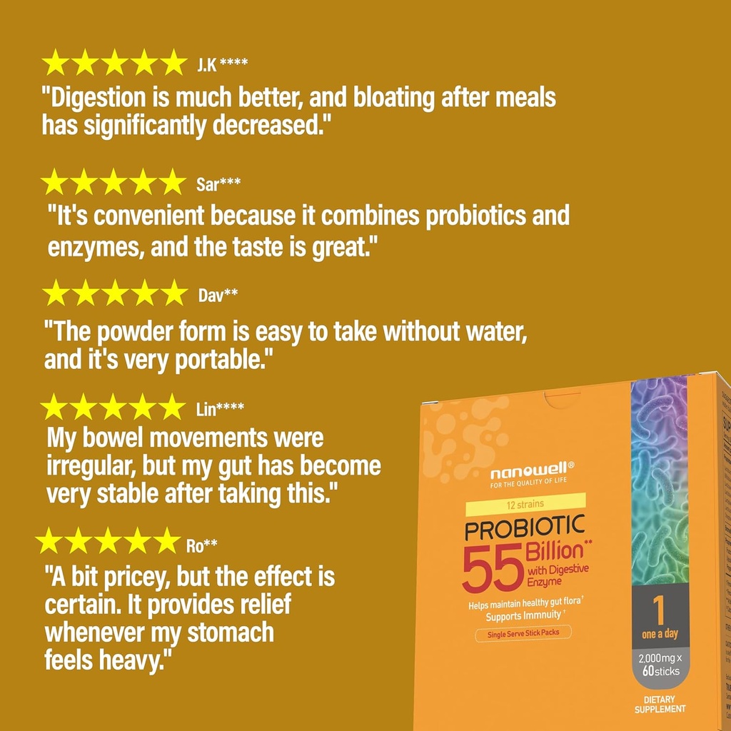 NANOWELL 12 Strains Probiotic 55 Billion CFU with Digestive Enzymes Powder - Immune Support, Gut Health, Probiotics, Prebiotics & Postbiotics - 60 Sticks, 60 Day Supply 3
