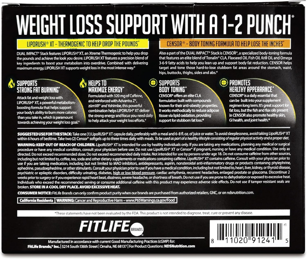 NDS Nutrition Maximum Strength Dual Impact Stack - Powerful 2-in-1 Weight Loss Kit Combines High Energy Fat-Burning XT Thermogenic with Premium CLA Censor Body Toner (60 Caps & 90 Softgels) 4