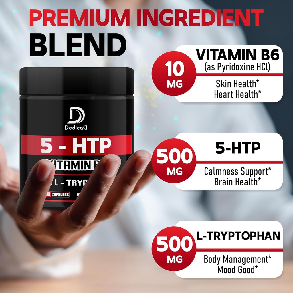 5 HTP Supplement 1010mg - 60 Capsules - 3in1 Combined with Vitamin B6, L-Tryptophan - Comfortable Mood, Brain Health, Body Management & Immune System Support 4