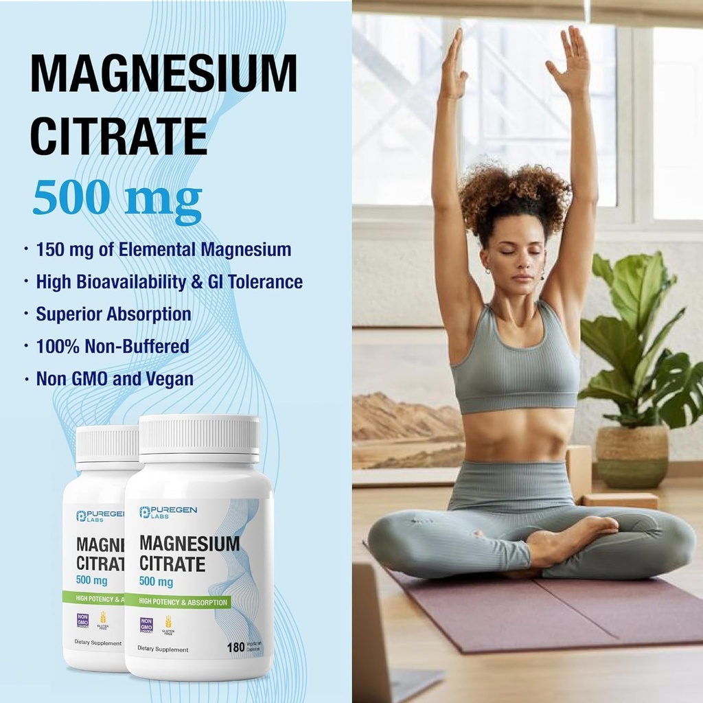 Magnesium Citrate 500 mg | High Potency Elemental Magnesium | Total 180 Veggie Caps, Superior Absorption, Non-GMO, NO Gluten and Dairy, Supports Muscle, Joint, and Heart Health 6