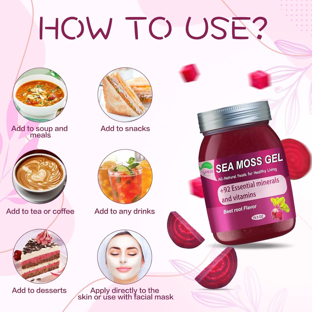 Sea Moss Gel Raw Organic,Real Sea Moss Gel with Irish SeaMoss,Wildcrafed Sea Moss Gel,Immune & Digestive Support,Vitamins & Minerals Supplement(Beet Root,18.5OZ) 6