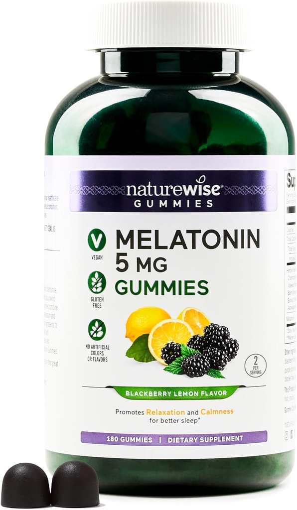 NatureWise Melatonin Gummies 5mg - Non-Habit Forming Sleep Support Supplement with Ashwagandha, Valerian Root - BlackBerry-Lemon Flavor - Vegan, Gluten Free, Non-GMO - 180 Count[90-Day Supply] 2