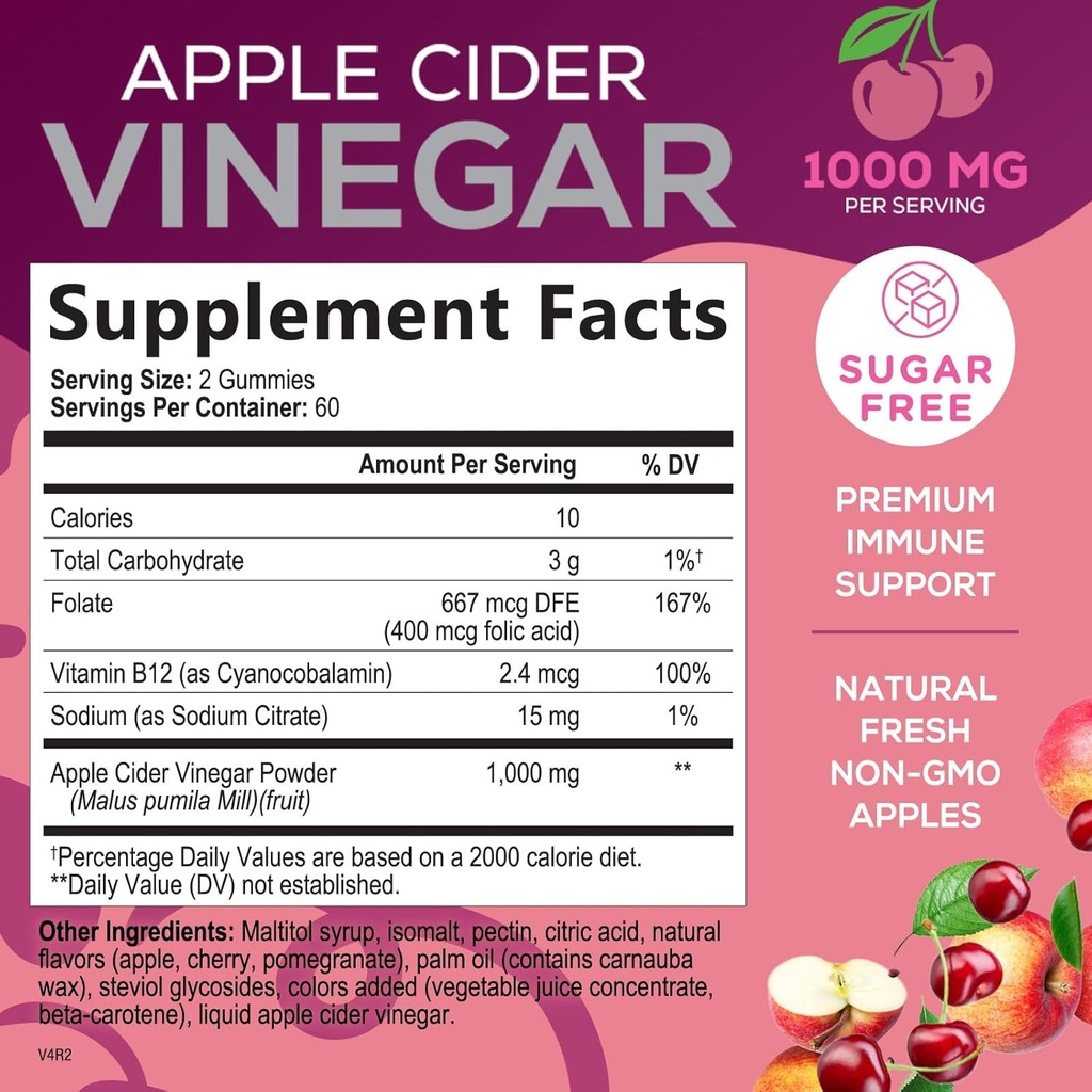 Vegan Apple Cider Vinegar Gummy 1000mg - Sugar Free ACV Gummies Vitamins Supplement with Vitamin B12 for Energy - Keto Friendly Digestion, Detox, Cleanse Support - Gelatin-Free, Non-GMO - 120 Gummies 3