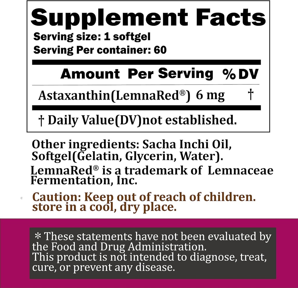 Free-Form Astaxanthin 6mg Softgel-60 Softgels Dietary Supplement Strongest Antioxidant Immune Supports Supports Eye,Joint & Skin Health Formulated with Sacha Inchi Oil 4