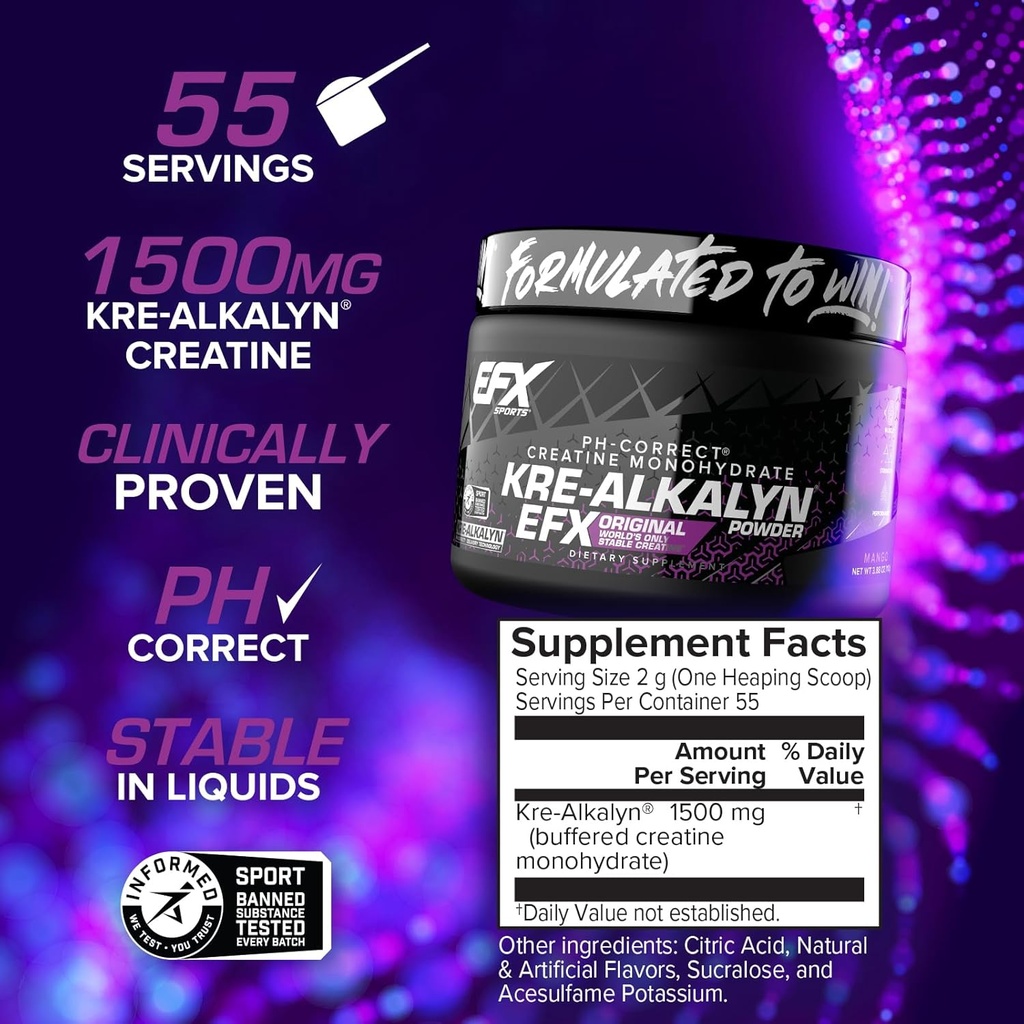 EFX Sports Kre-Alkalyn EFX Powder | pH Correct Creatine Monohydrate Powder Supplement | Strength, Muscle Growth & Performance | 55 Servings (Mango) 3