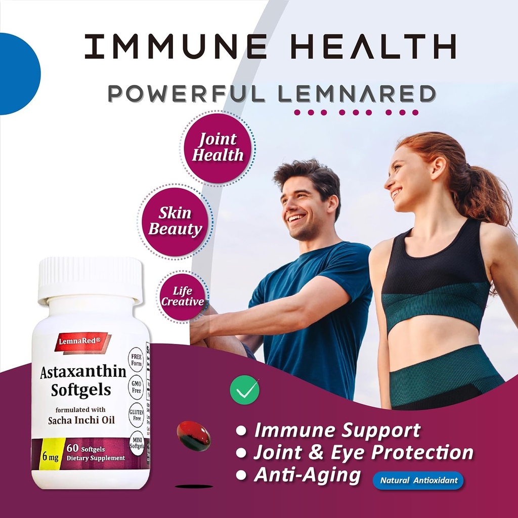 Free-Form Astaxanthin 6mg Softgel-60 Softgels Dietary Supplement Strongest Antioxidant Immune Supports Supports Eye,Joint & Skin Health Formulated with Sacha Inchi Oil 5
