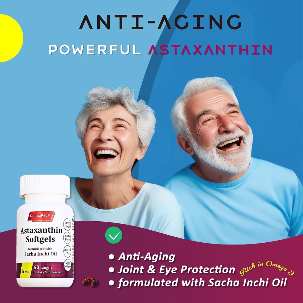 Free-Form Astaxanthin 6mg Softgel-60 Softgels Dietary Supplement Strongest Antioxidant Immune Supports Supports Eye,Joint & Skin Health Formulated with Sacha Inchi Oil 6