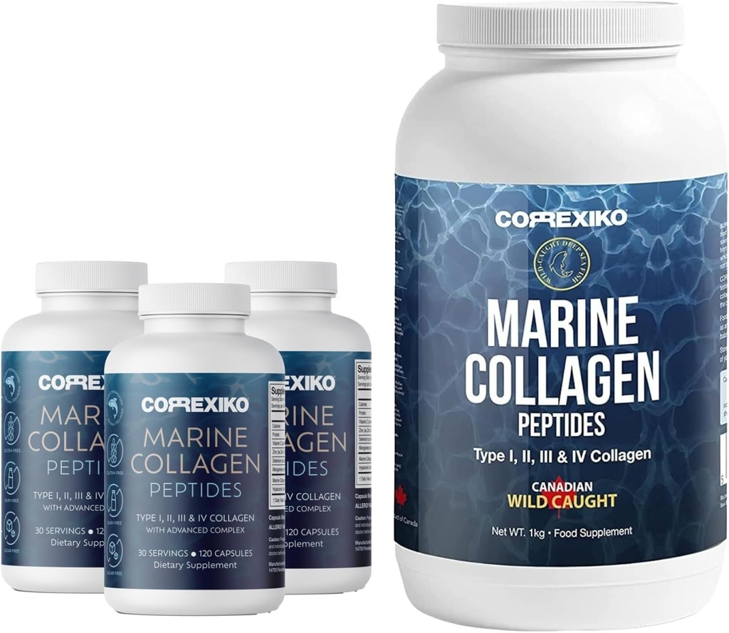 CORREXIKO Marine Collagen Supplement Pills & Powder Bundle 3 Month Supply - Includes 10,000mg Double Hydrolyzed Collagen Powder 1kg & 1800mg Collagen Peptides 360 Capsules - for Hair, Skin & Nails 2