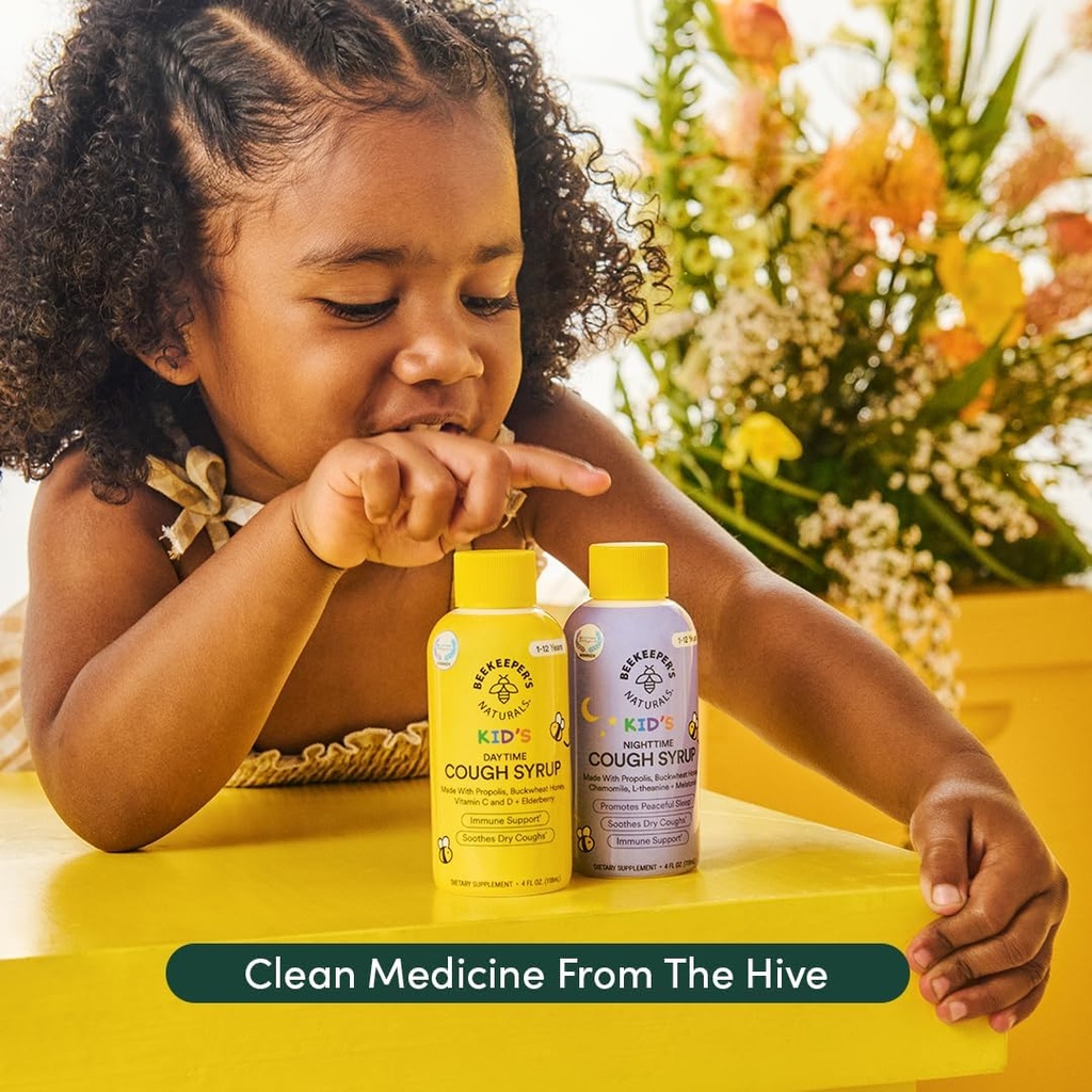Beekeeper's Naturals Propolis Honey Cough Syrup Daytime for Kids Immune Support with Elderberry, Vitamin C, Vitamin D & Raw Honey - Throat Soothing - Gluten Free & Clean Ingredients, 4 oz. 6