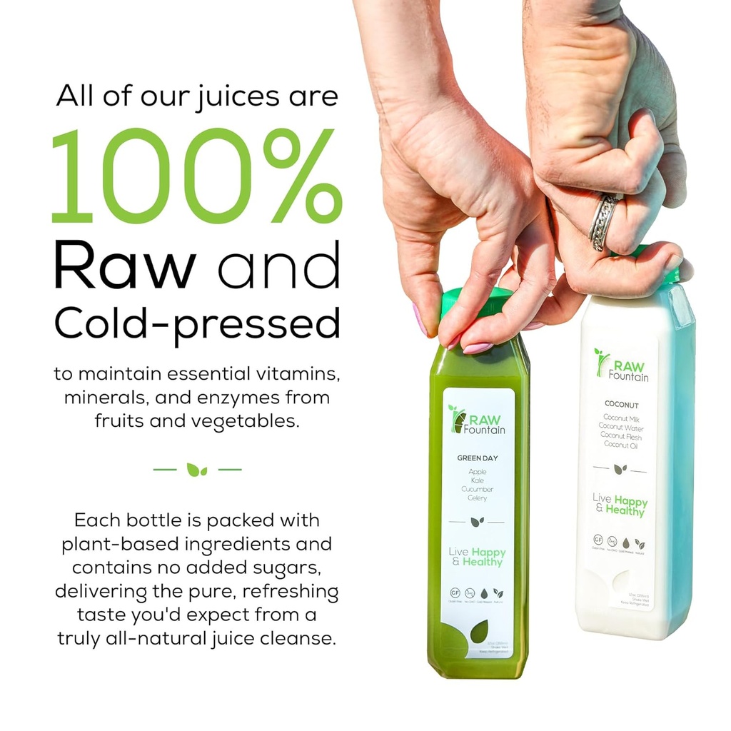 3 Day Juice Cleanse by Raw Fountain, All Natural Raw Detox Cleanse, Juicing for Body Rest, Cold Pressed Juice Fast, Great Way to Jumpstart a Healthy Diet, 18 Bottles 12oz, 3 Ginger Shots 5